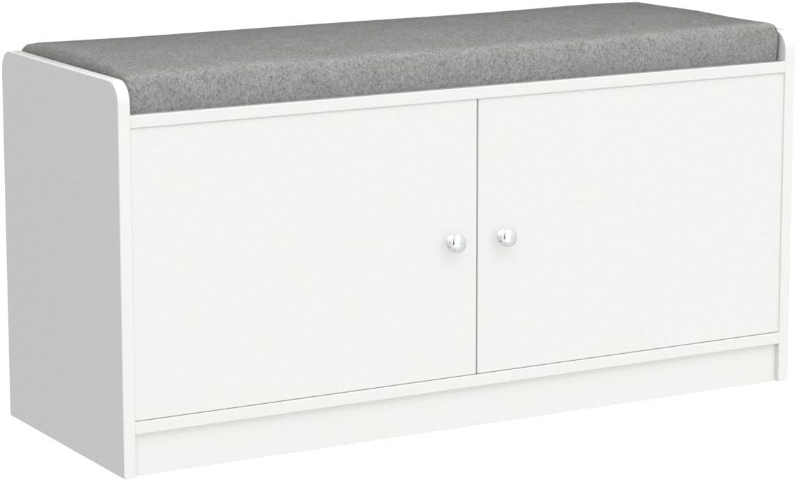 Wood Shoe Storage Bench with Cushion Seat, 2 Doors & 4 Storage Compartments, Entryway Shoe Rack Bench for Bedroom, Hallway, White and Grey (35.8āL x 13.7āW x 18.1āH)