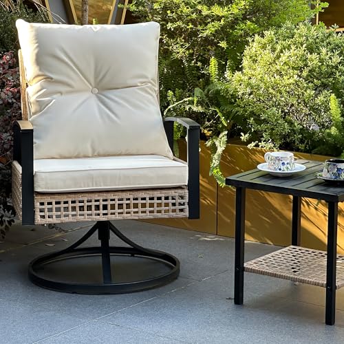 DAYRUS Swivel Outdoor Chairs Set of 2 with Side Table, 3 Pieces Patio Bistro Set with Armrests, High Back Wicker Swivel Rocker Patio Chairs, Upholstered Patio Conversation Set for Porch/Yard, Beige
