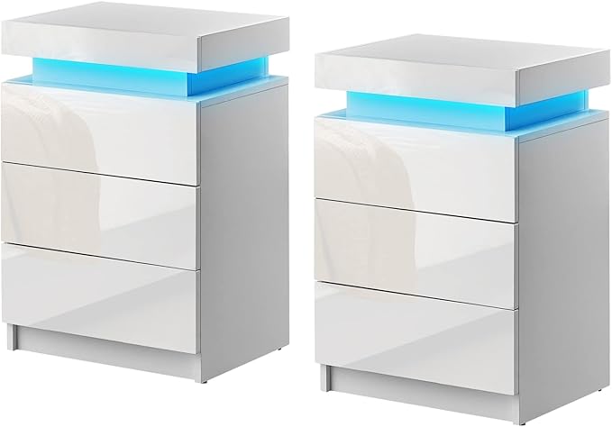 Nightstand Set of 2, LED Night Stand with 3 High Gloss Chest of Drawers, Bedside Table