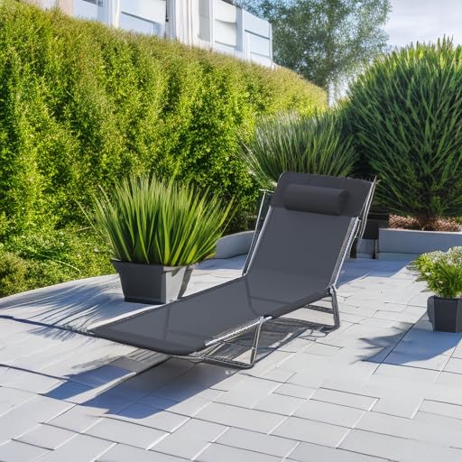 Folding Chaise Lounge Pool Chairs, Outdoor Sun Tanning Chairs with Pillow, Reclining Back