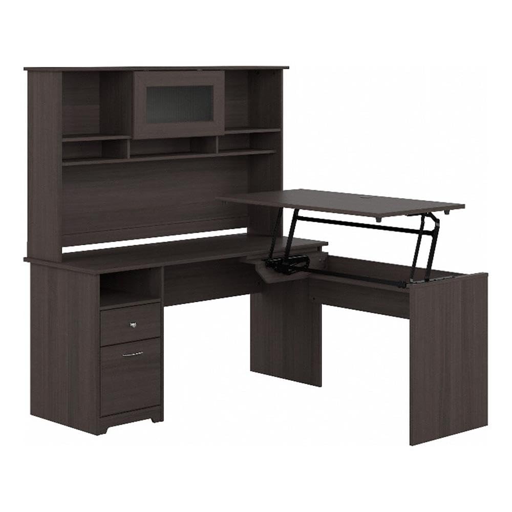 Bush Furniture Cabot 60W 3 Position Sit to Stand L Shaped Desk with Hutch in Heather Gray