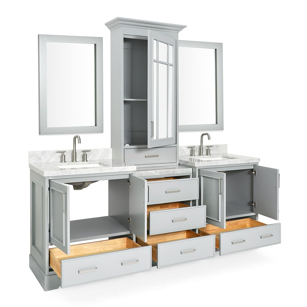 85" Grey Double Vanity with 1.5" Edge Italian Carrara Marble Countertop & Backsplash