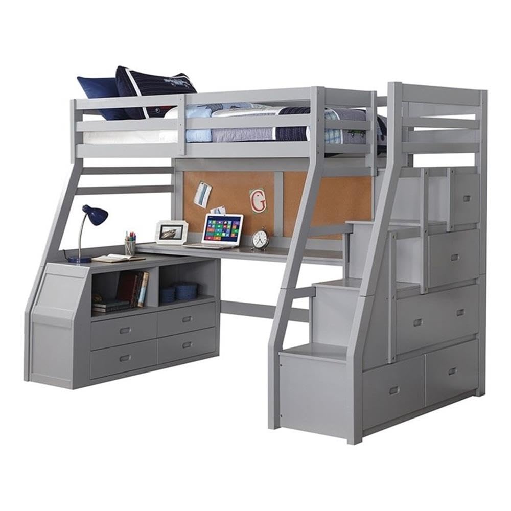 Modern Wood Twin Size Loft Bed with Storage in Gray