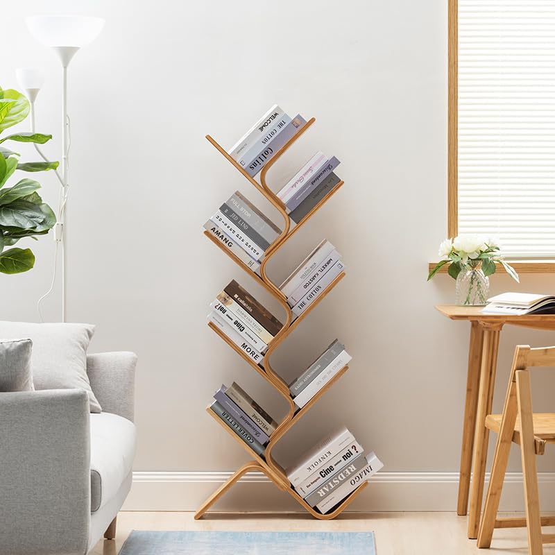 PEYNIR Multi-Layer Bamboo Bookshelf Standing Bookcase Office Curved Book Storage Bookshelf Suitable for Home Living Room Corner Bedroom Boho Bookshelf