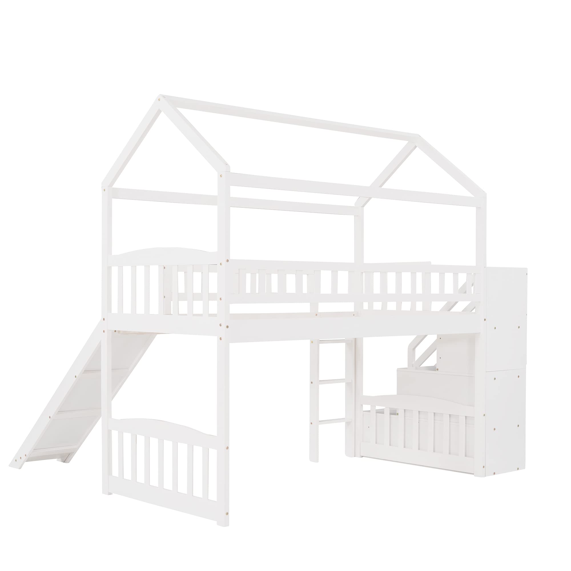 House Bed Loft Bed with Slide, Twin Loft Bed with Stairs and Storage