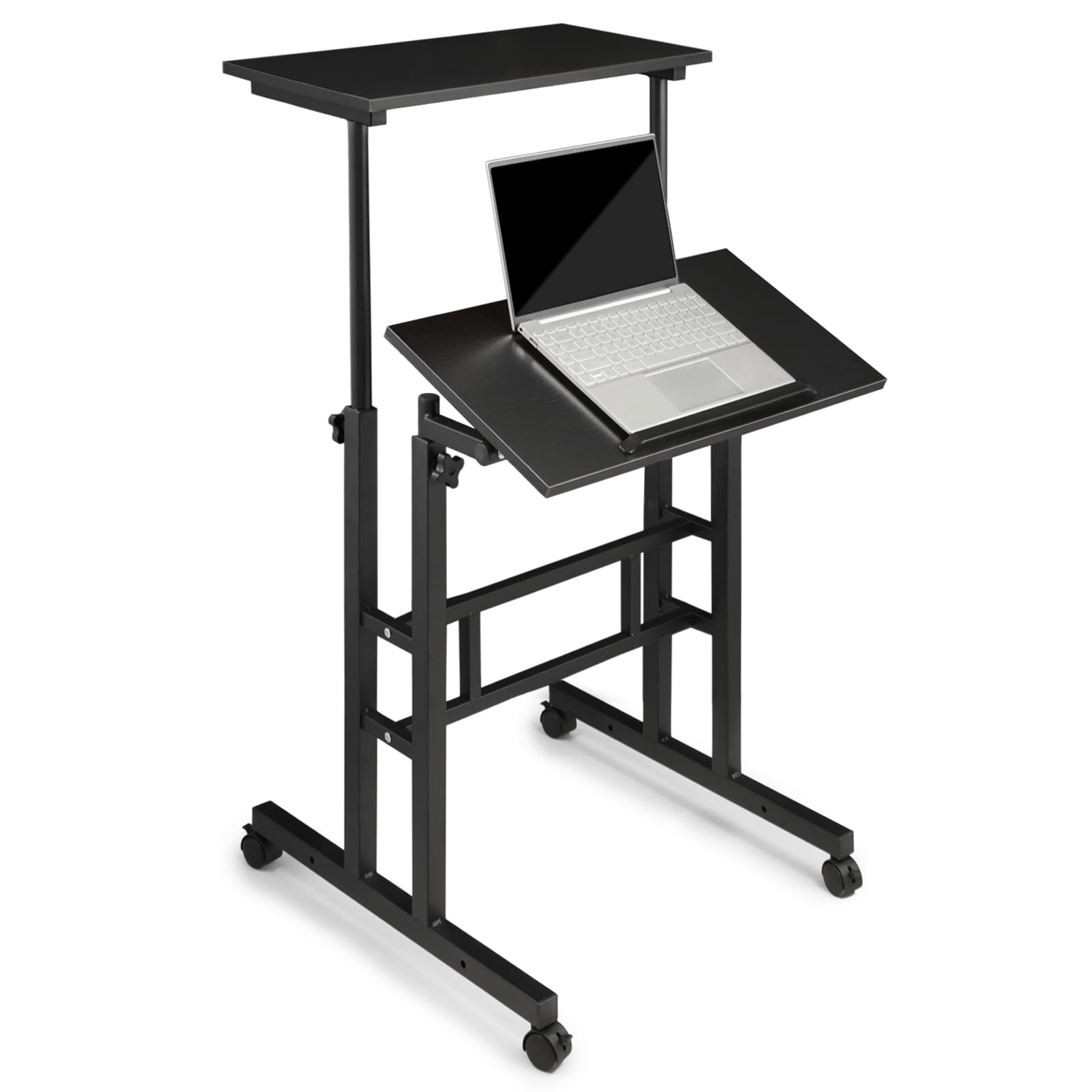 Collection Height Adjustable Rolling Desk Mobile Portable Laptop Stand Cart Small Sit Standing Desk Computer Table Workstation for Home Office, Black