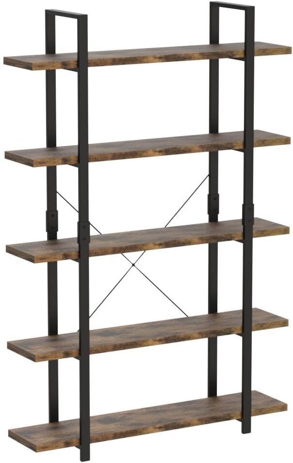 5 Tier Bookshelf, 70 inch Tall Solid Bookcase Industrial Wooden Bookshelves
