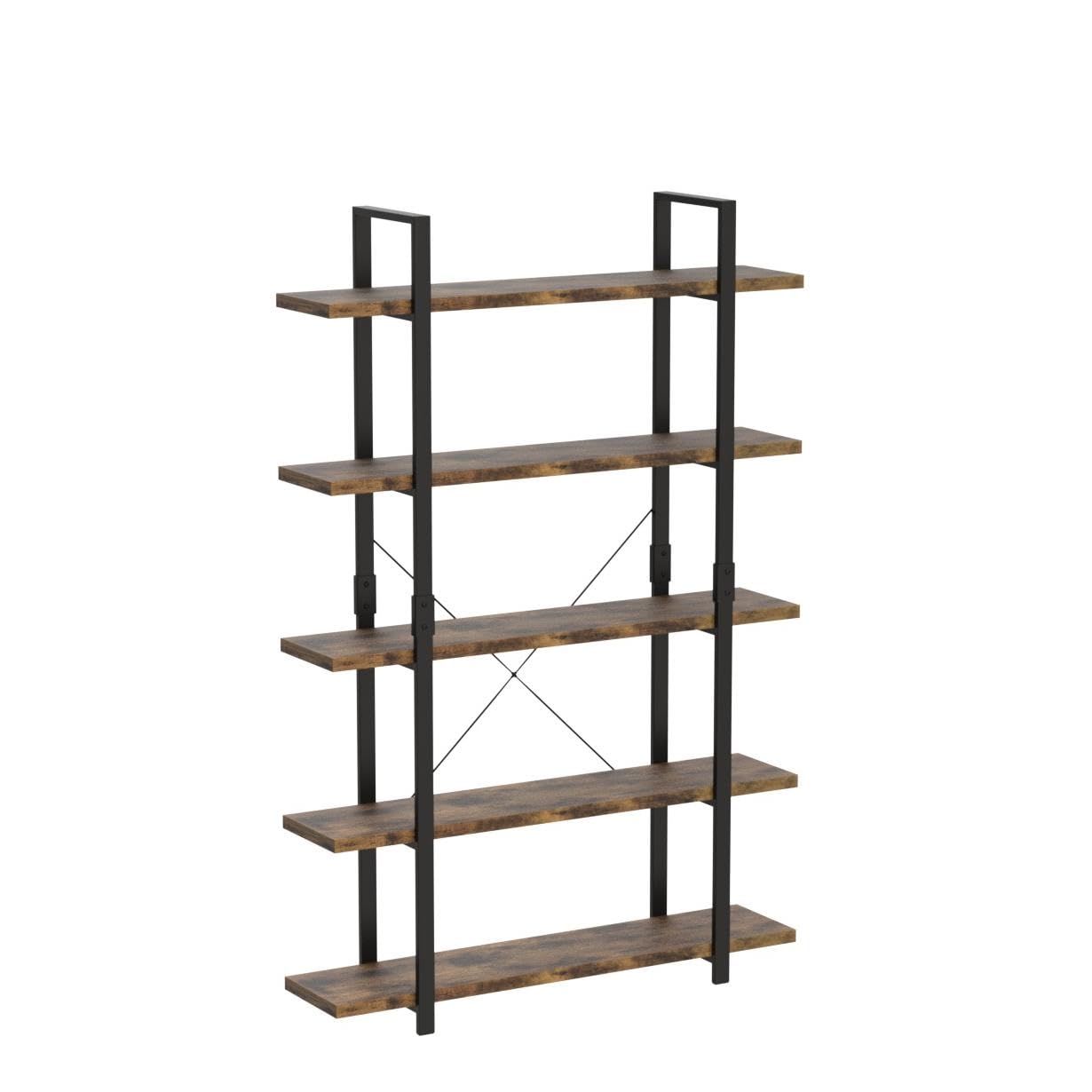 5 Tier Bookshelf, 70 inch Tall Solid Bookcase Industrial Wooden Bookshelves
