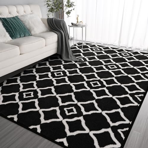 Ultra Soft Shag Area Rug for Bedroom, 5x8 Black/White Large Fluffy Geometric Living RoomRugs,