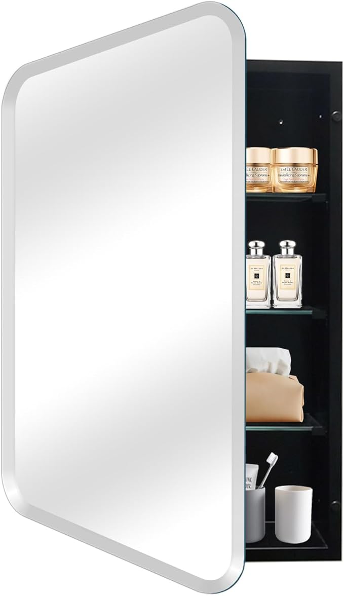 Medicine Cabinet with 16" x 26" Frameless Mirror, Black Large Modern Medicine Cabinet