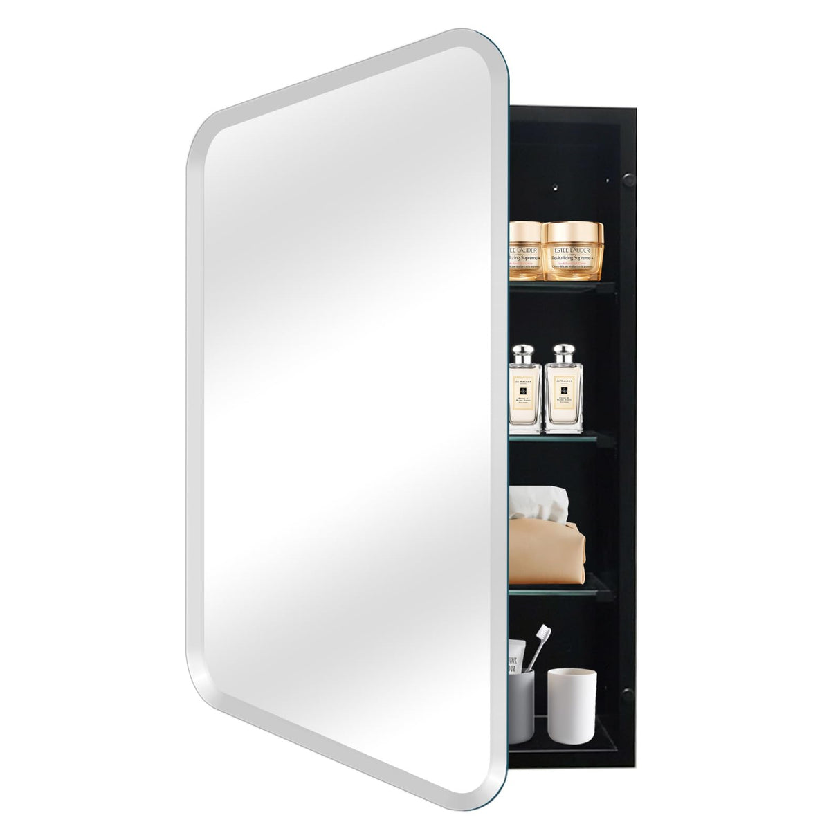 Medicine Cabinet with 16" x 26" Frameless Mirror, Black Large Modern Medicine Cabinet