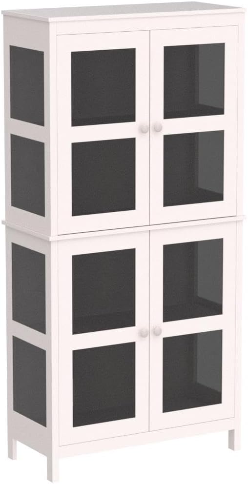 63”H Tall Glass Bookcase Display Cabinet with Lights, 4 Tier Shelves & 2 Glass Doors, Modern Bookshelf Organizer Glass Cabinet for Home Office, Living Room, Kitchen, Garage (Black)