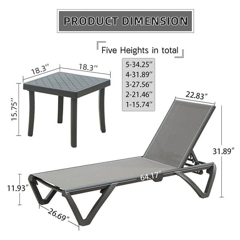 Lounge Chairs, Aluminum Patio Chaise Lounge with Side Table