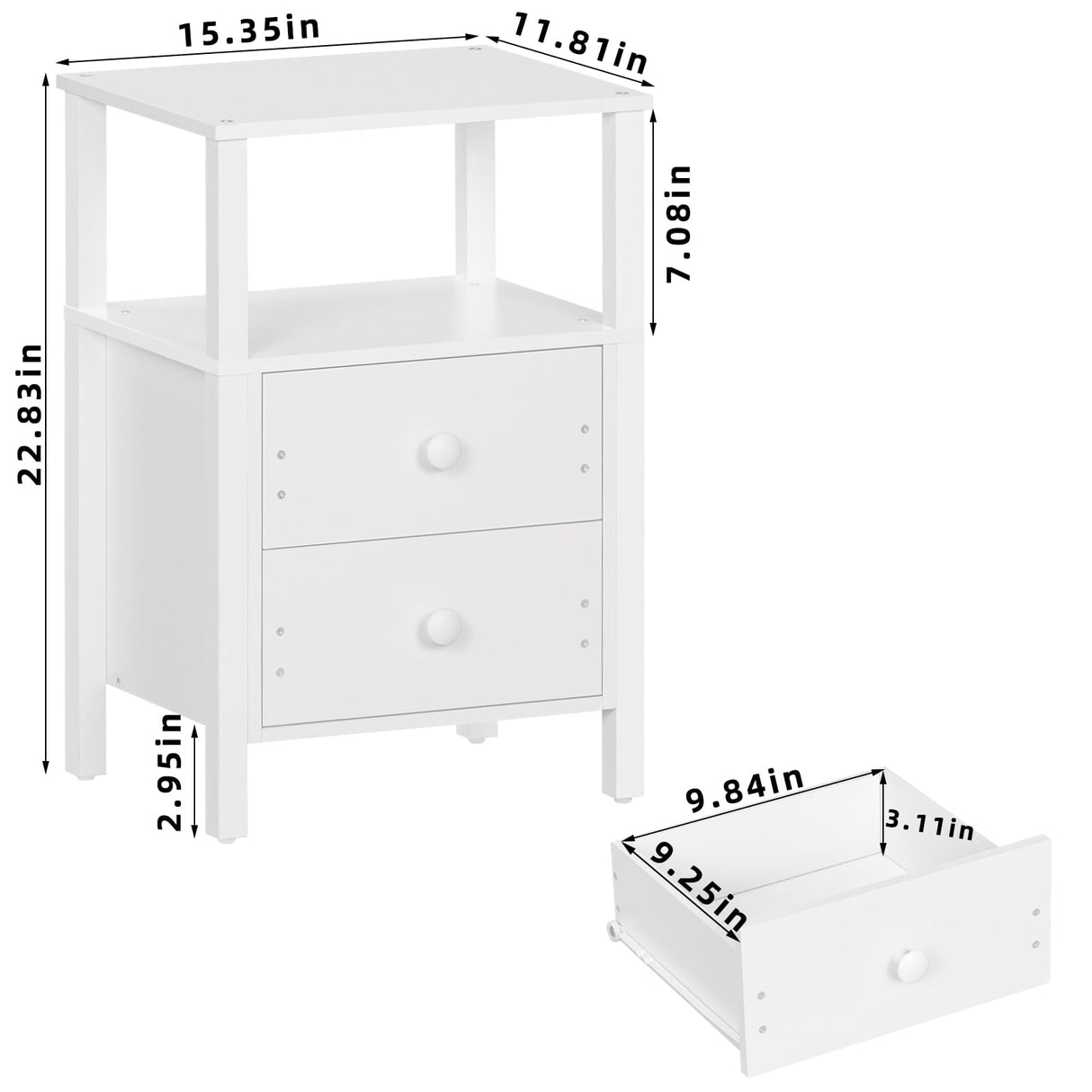 White Night Stand, Small Nightstand with 2 Wood Drawers and Storage Shelf, Modern