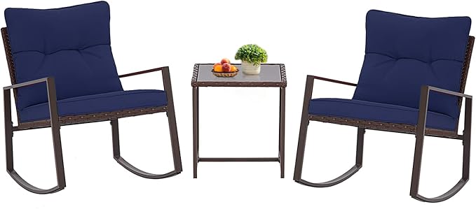 3-Piece Patio Bistro Set Outdoor Rocking Chairs Set Brown Wicker Porch Chairs
