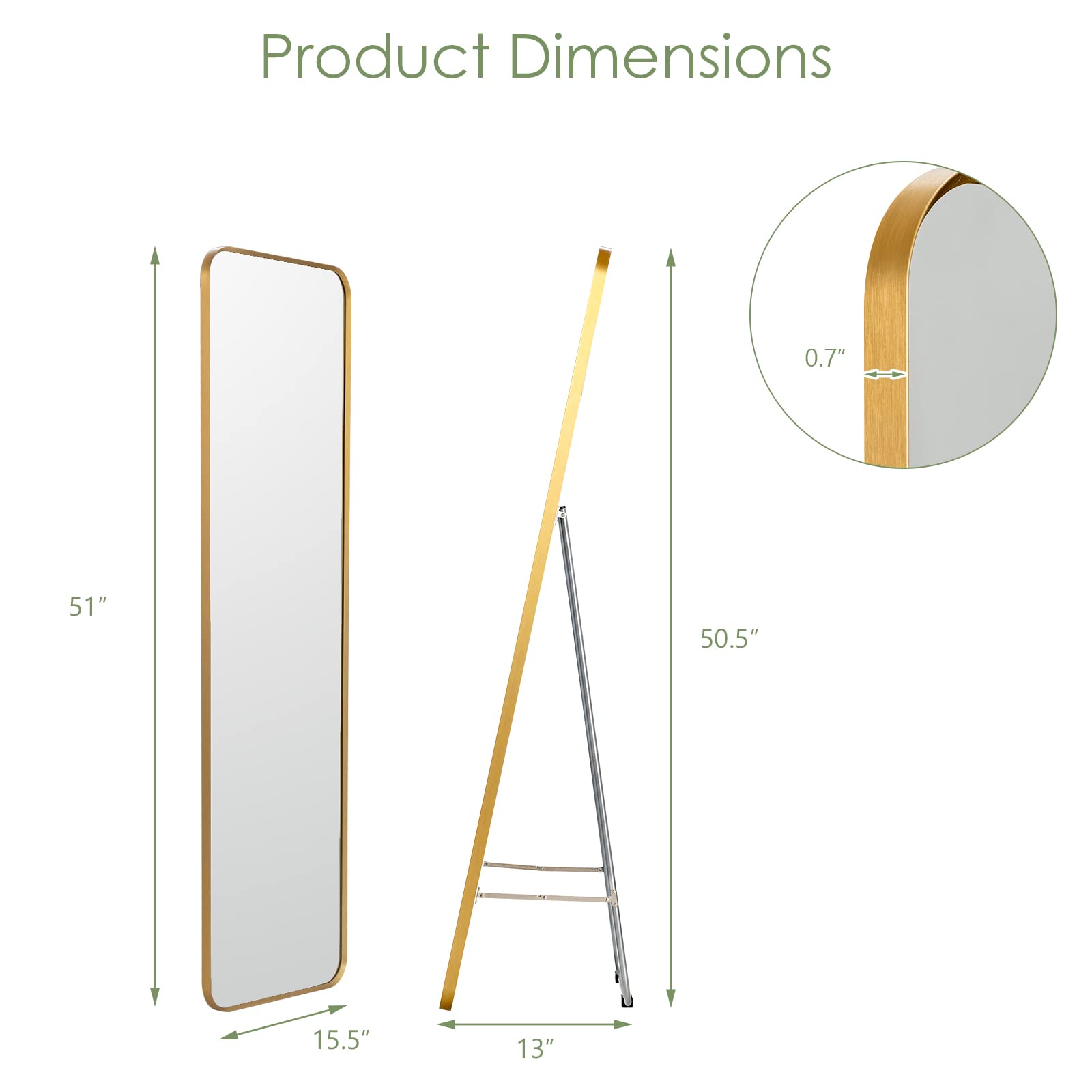 Full Length Wall Mounted Mirror w/Stand, Gold Steel Frame Floor Mirror with Explosion