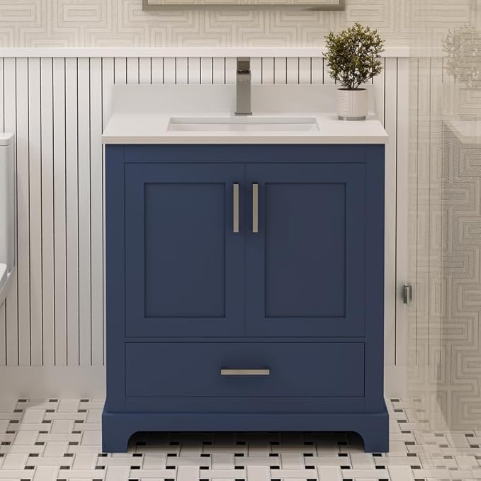 Maya 30 inch White Bathroom Vanity Set with Quartz Countertop and Brass Faucet