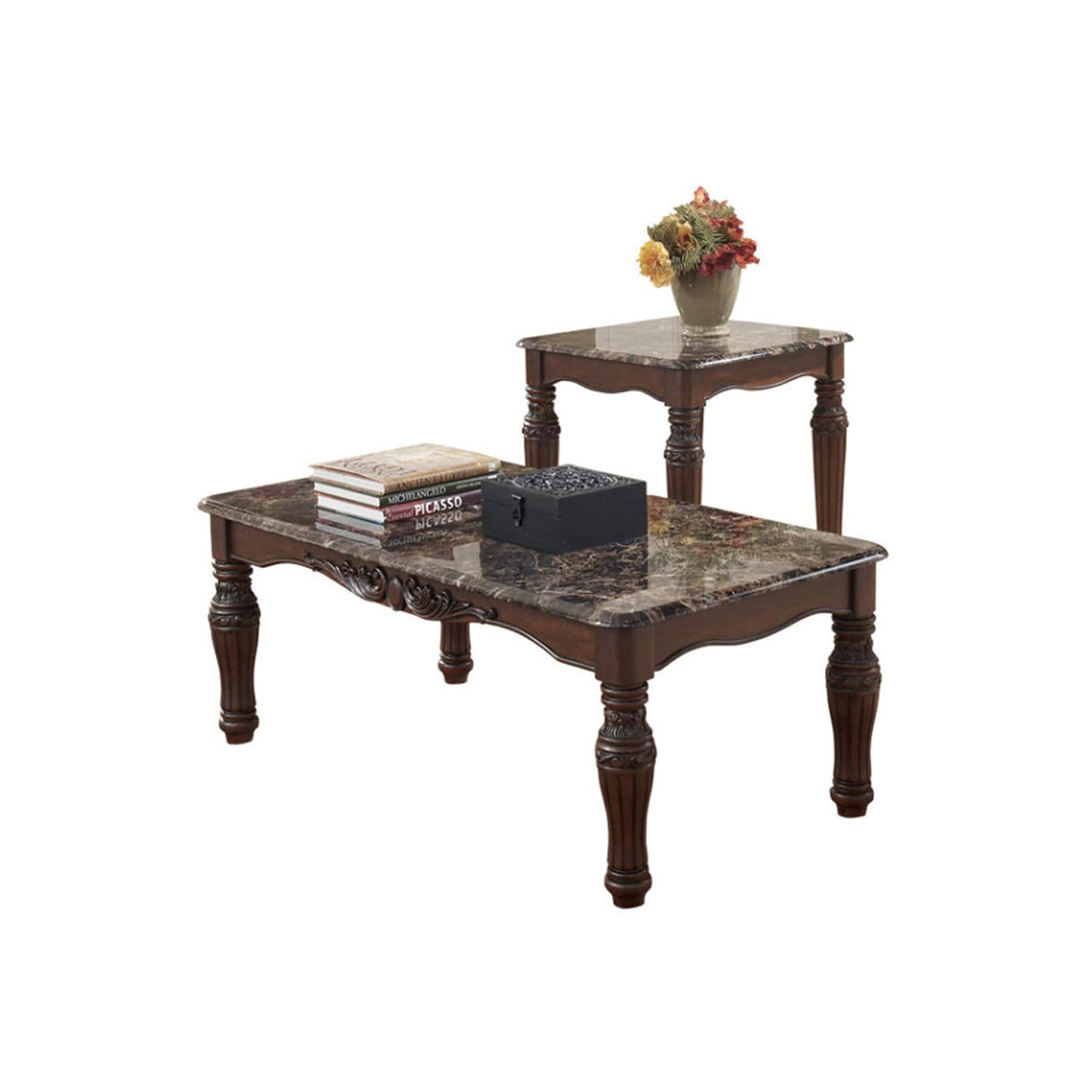 Traditional Style Wooden Table Set with Turned Legs and Faux Marble Top, Pack of Three