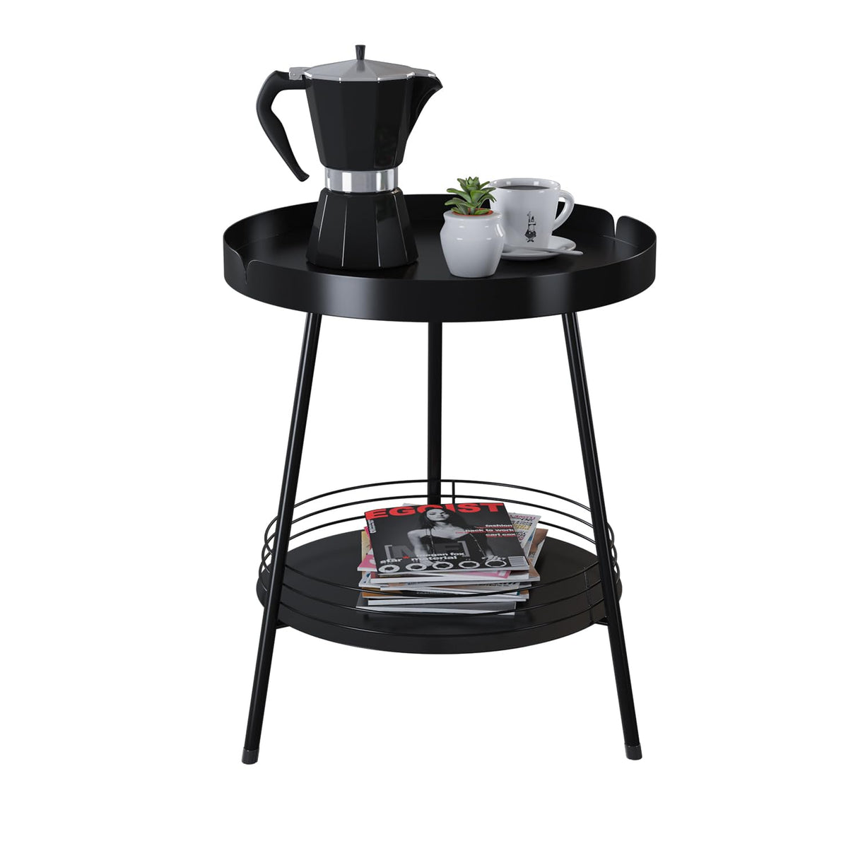 2 Tier Round Side Table, Modern Small Table for Small Spaces Living Room Indoor Outdoor (Black) - Bircata