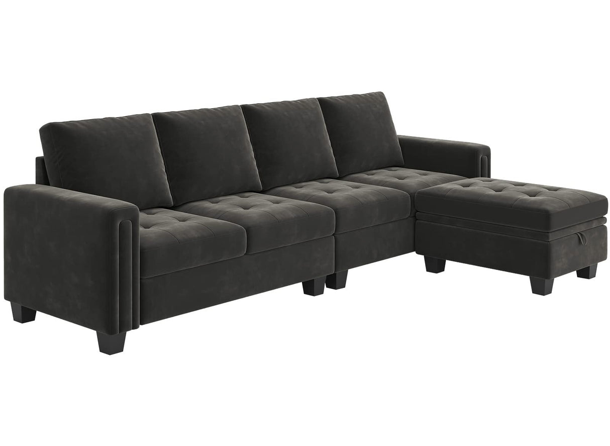 Velvet Reversible Sectional Sofa with Chaise Convertible L Shaped 4-seat Sectional