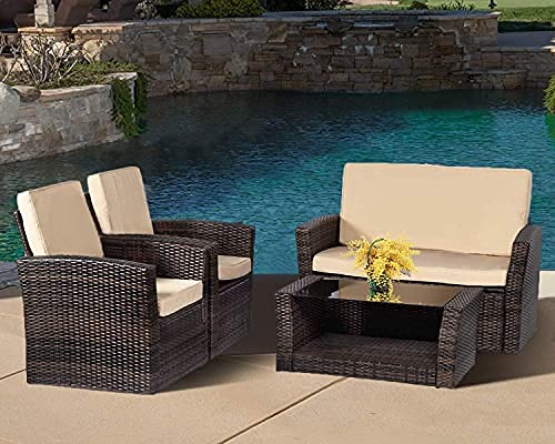 4 Pieces Patio Sectional Sofa Rattan Chair Outdoor Backyard Porch Poolside Balcony Garden