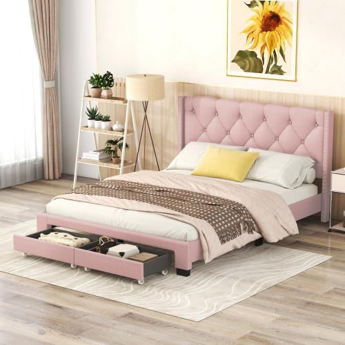 Queen Size Storage Bed Linen Upholstered Platform Bed