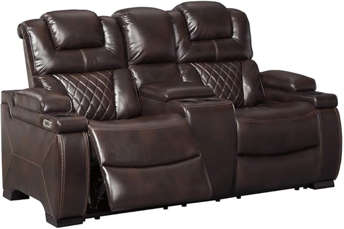 Warnerton Faux Leather Power Reclining Sofa with Adjustable Headrest, Brown