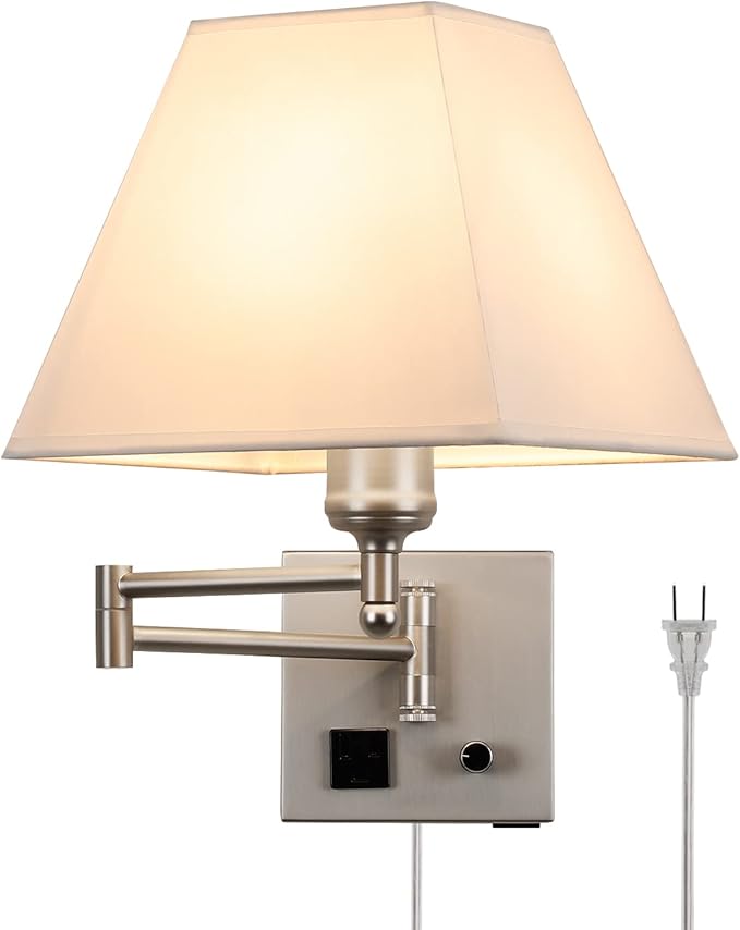 Wall Mounted Lamp Plug in Wall Sconce with Dimmable Switch Swing Arm Wall