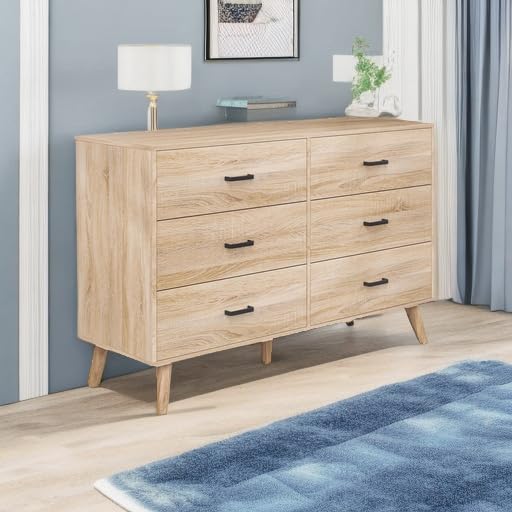 Wood Dresser for Bedroom, 6 Drawer Dresser with Metal Handles