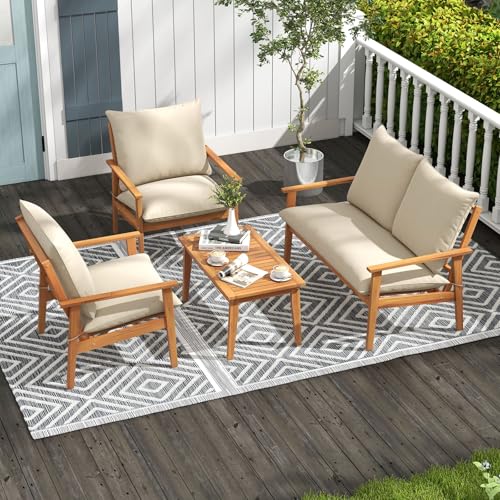 4 Pieces Patio Furniture Set, Outdoor Acacia Wood Conversation Set