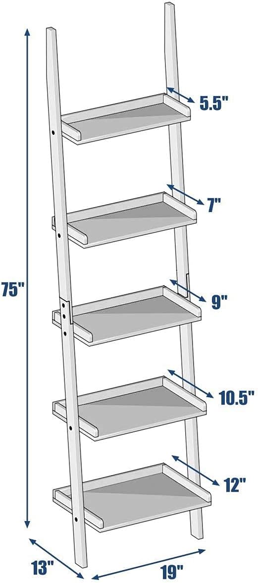 FANTASK White Ladder Shelf, Elegant 5-Tier Leaning Bookshelf, Wood Plant Flower Stand, Stable Storage Rack Shelves for Living Room, Office, Kitchen, Home