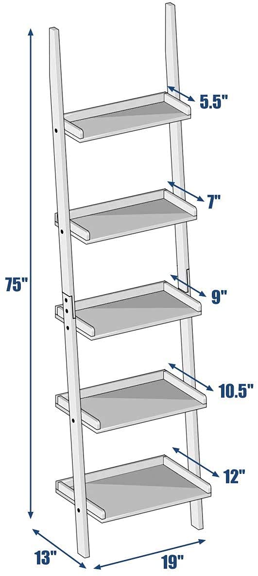FANTASK White Ladder Shelf, Elegant 5-Tier Leaning Bookshelf, Wood Plant Flower Stand, Stable Storage Rack Shelves for Living Room, Office, Kitchen, Home