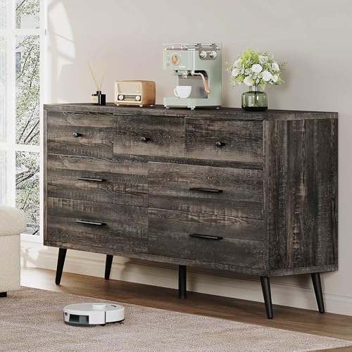 Dark Rustic Oak 7 Drawer Dresser, 47" W Large Double Dresser Chest of Drawers