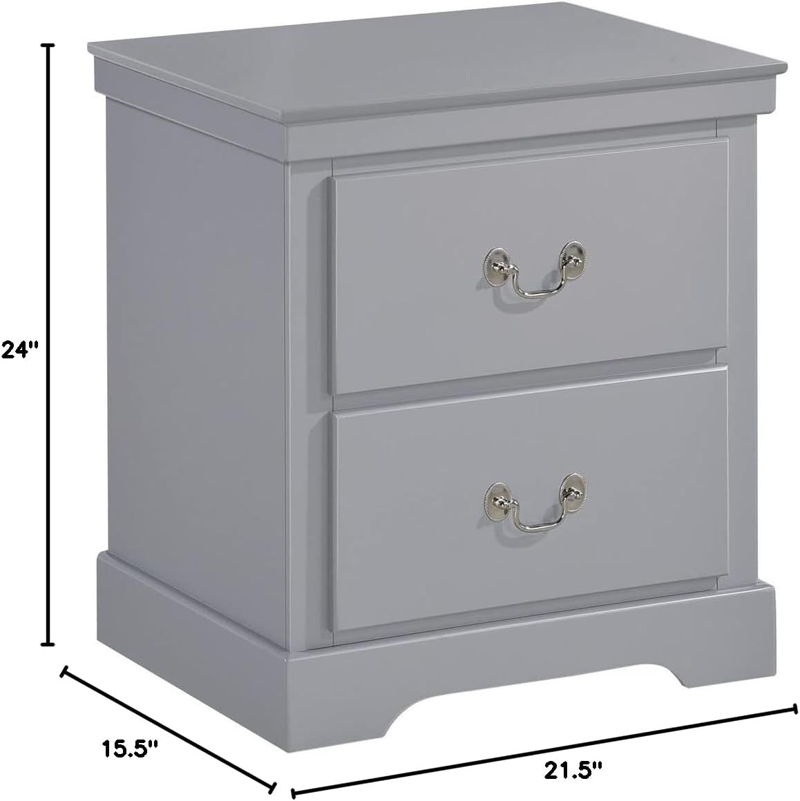 2 Drawer Wooden Nightstand with Metal Drop Handles and Bracket Feet, Gray