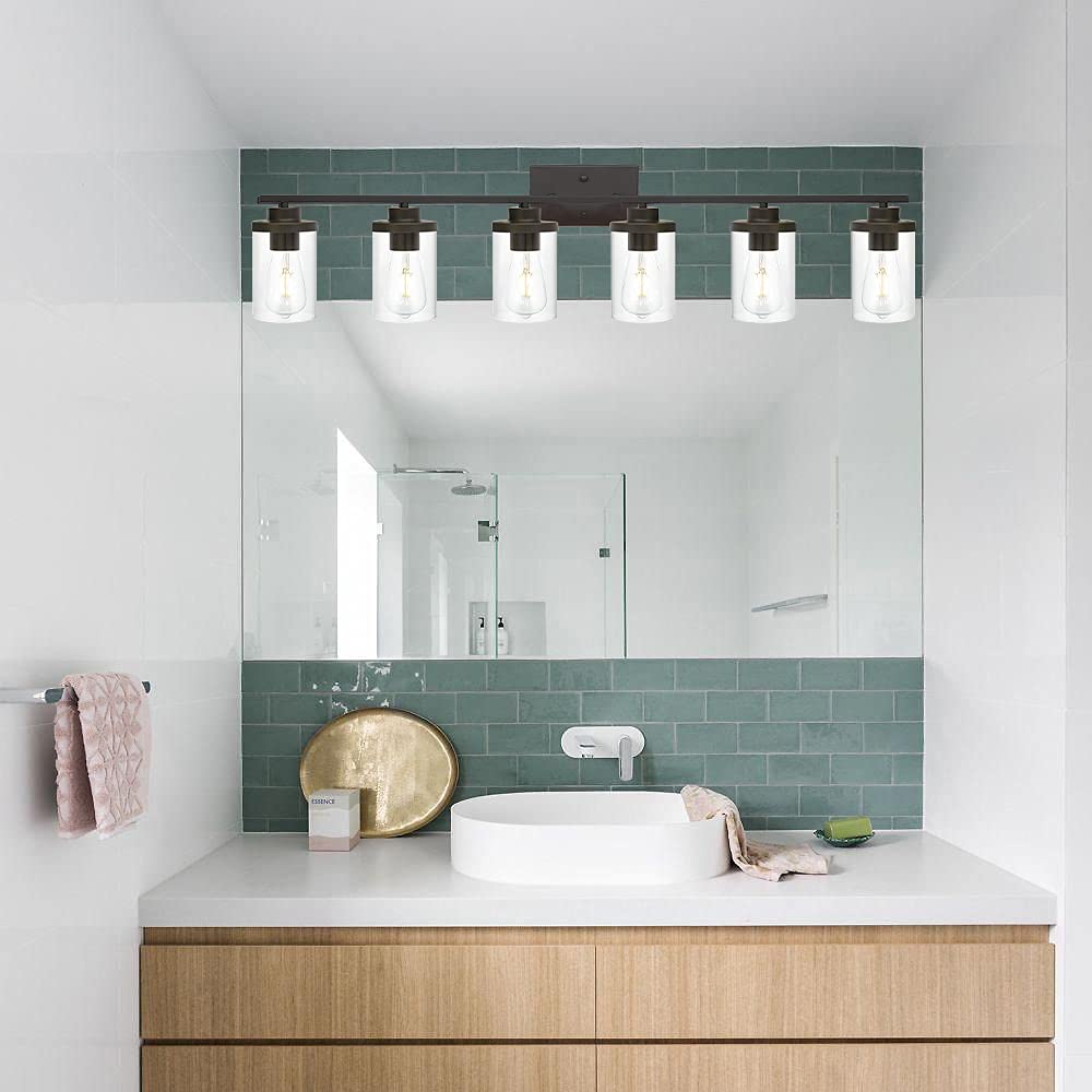 Farmhouse Vanity Lighting Fixtures Oil Rubbed Bronze 6 Light with Glass Shade Bathroom Light