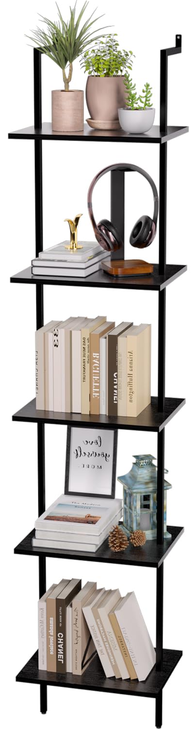 5 Tier Ladder Shelf, 70-Inch Wall Mounted Ladder Bookshelf