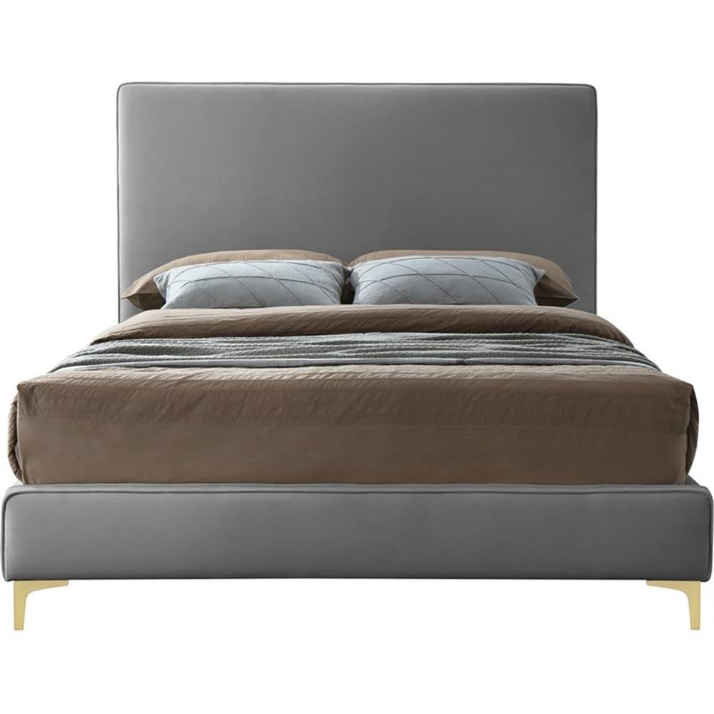 Meridian Furniture Geri Collection Modern | Contemporary Velvet Upholstered Bed with Piping on Headboard and Foorboard in Gold or Chrome Finish, Queen, Grey