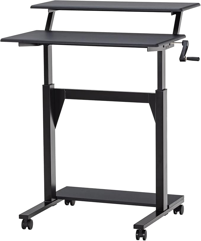 Crank Adjustable Height Desk, 2-Tier Mobile Sit-to-Stand, White Top/White Frame, Modern Design, 15.75x31.5in, 29.5-46.7in, 40lbs, 125lbs Capacity