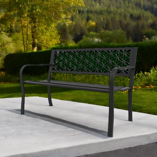 Outdoor Bench Metal with Floral Back, Garden Bench Front Porch Benches