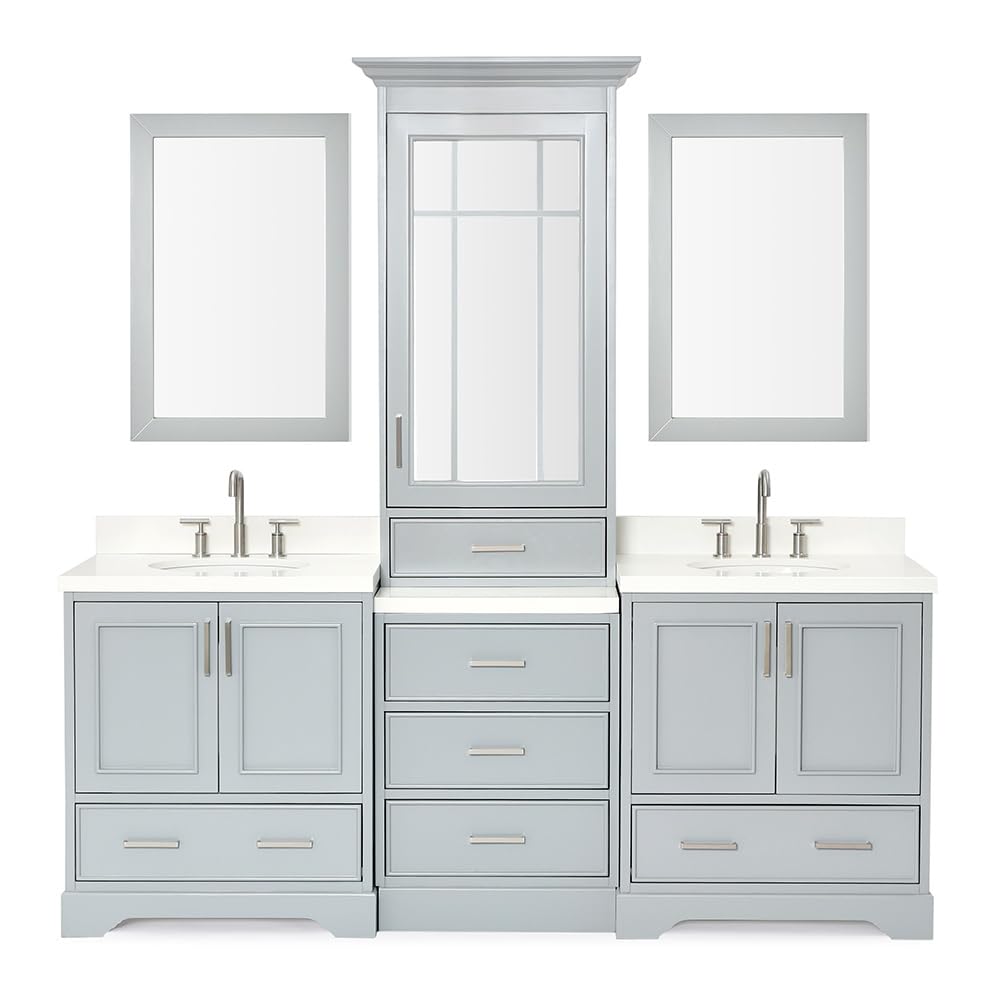 85" Inch Double Vanity Set in Grey, Pure White Quartz Counter-top Counter-top