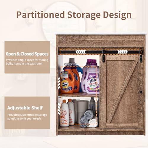 Aitjunz 30" Farmhouse Bathroom Vanity with Sink, Freestanding Modern Bathroom Storage Vanity Cabinet w/Sliding Barn Door, 3 Drawers & Adjustable Shelves, Light Brown