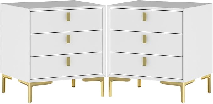 Modern Nightstand Set of 2, End Table Bedside Table with Gold Metal Legs, Gold Metal