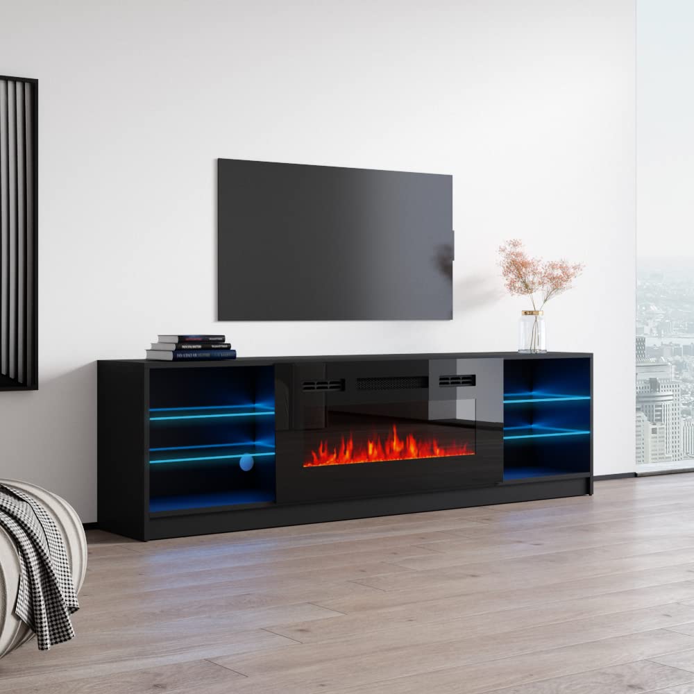 1 Electric Fireplace Modern 79" TV Stand (Black)