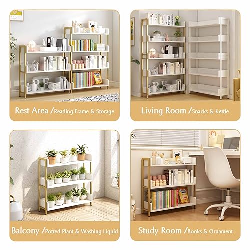 Open Shelf Bookcase - Modern 3-Tier Floor Standing Display Bookshelf with Three-Side Panels for Home and Office, Storage Shelving in Warm White with Gold Frame