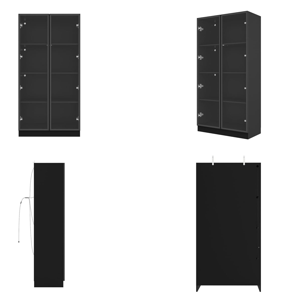 63”H Tall Glass Bookcase Display Cabinet with Lights, 4 Tier Shelves & 2 Glass Doors, Modern Bookshelf Organizer Glass Cabinet for Home Office, Living Room, Kitchen, Garage (Black)