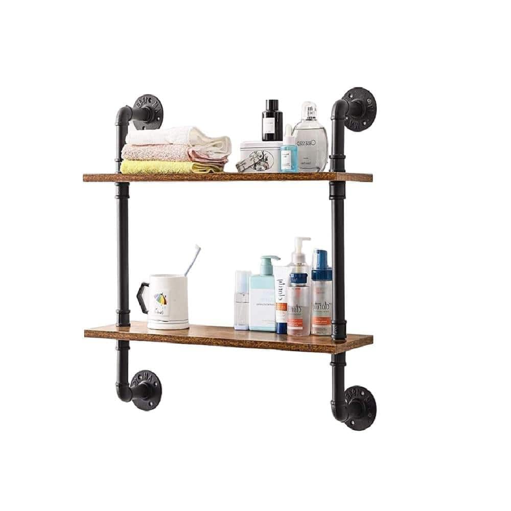 23.62'' Rustic Brown Wall Shelves with Industrial Pipe Brackets, 2-Tier Floating Wood Shelves