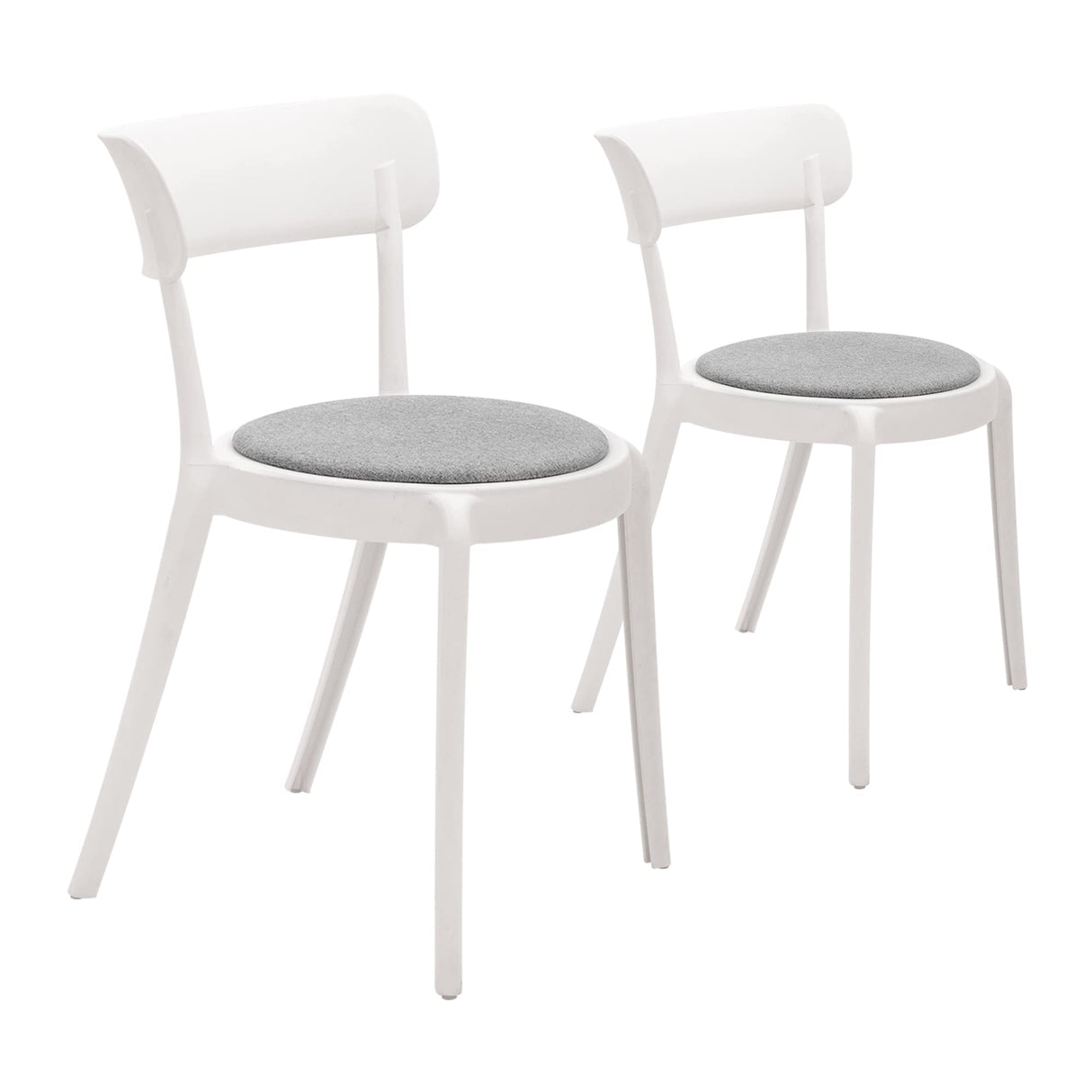 Armless Bistro Dining Chair-Set of 2, Premium Plastic with Upholstered Seat, White + Grey