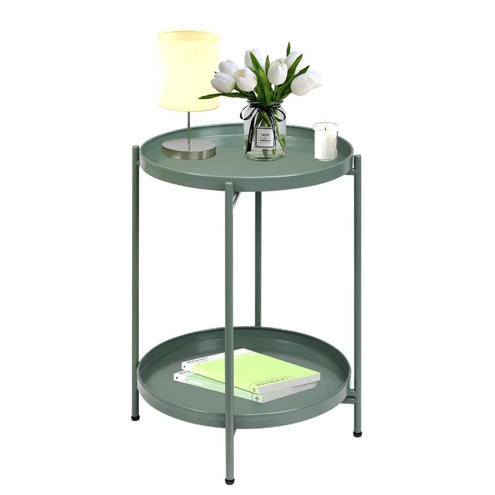 End Table,Folding Round Metal Side Table Waterproof,Round End Table with Removable