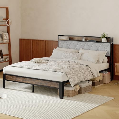 Queen Bed Frame with Storage Headboard & USB Charging Station