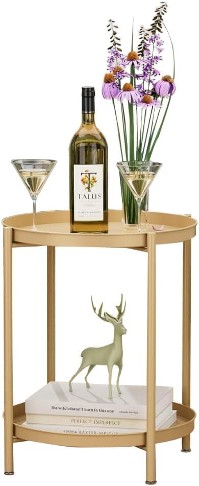 End Table,Folding Round Metal Side Table Waterproof,Round End Table with Removable